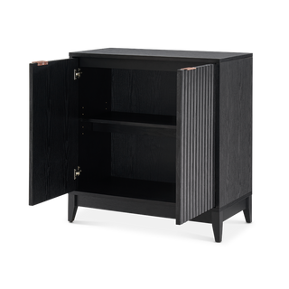 Brooklyn 4 Piece Cabinet TV Stand Entertainment Center in Black Oak, angled view styled with decor
