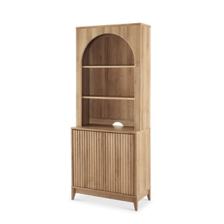 Brooklyn Hutch Cabinet in Golden Oak, angled view styled with decor