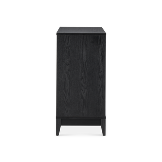 Brooklyn Modular Cabinet in Black Oak, angled view styled with decor