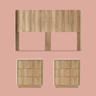 Brooklyn 3 Piece Bedroom Set, King Golden Oak, fluted wingback headboard with two dressers styled in a bedroom