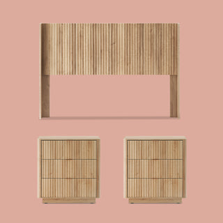 Brooklyn 3 Piece Bedroom Set, Queen Golden Oak, fluted wingback headboard with two dressers styled in a bedroom