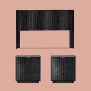 Brooklyn 3 Piece Bedroom Set, Queen Black Oak, fluted wingback headboard with two dressers styled in a bedroom