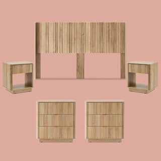 Brooklyn 5 Piece Bedroom Set, King Golden Oak, headboard with two dressers and two nightstands styled in a bedroom