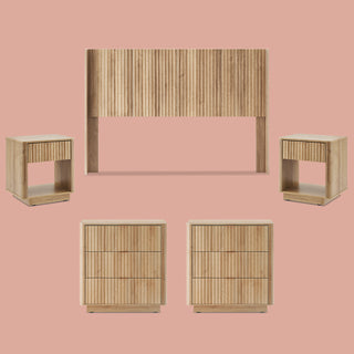 Brooklyn 5 Piece Bedroom Set, Queen Golden Oak, headboard with two dressers and two nightstands styled in a bedroom