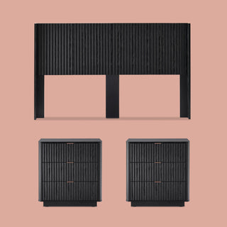 Brooklyn 3 Piece Bedroom Set, King Black Oak, fluted wingback headboard with two dressers styled in a bedroom