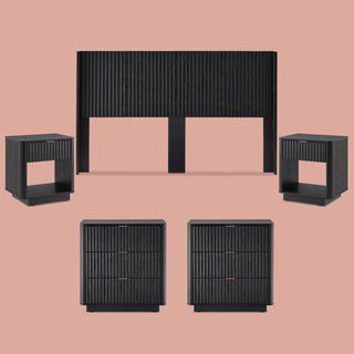 Brooklyn 5 Piece Bedroom Set, King Black Oak, headboard with two dressers and two nightstands styled in a bedroom
