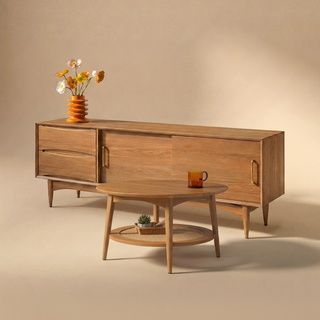 Retrovie Mid-Century Modern 67" TV Stand & Round Coffee Table Set