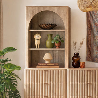 Brooklyn 4 Piece Cabinet TV Stand Entertainment Center in Golden Oak, arched hutch close-up