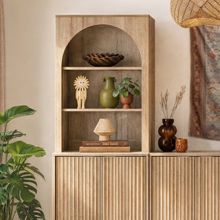 Brooklyn 4 Piece Dresser TV Stand Entertainment Center in Golden Oak, arched hutch close-up
