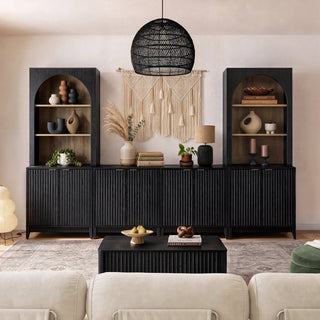 Brooklyn U Shape Cabinet Entertainment Center in Black Oak, styled in a living room