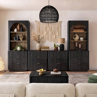 Brooklyn U Shape Dresser Entertainment Center in Black Oak, styled in a living room