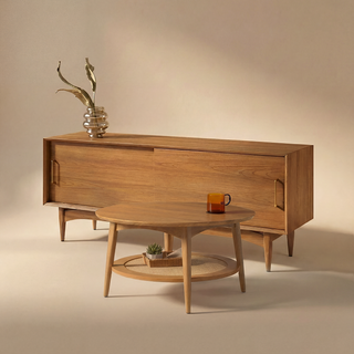 Retrovie Mid-Century Modern 59" TV Stand & Round Coffee Table Set
