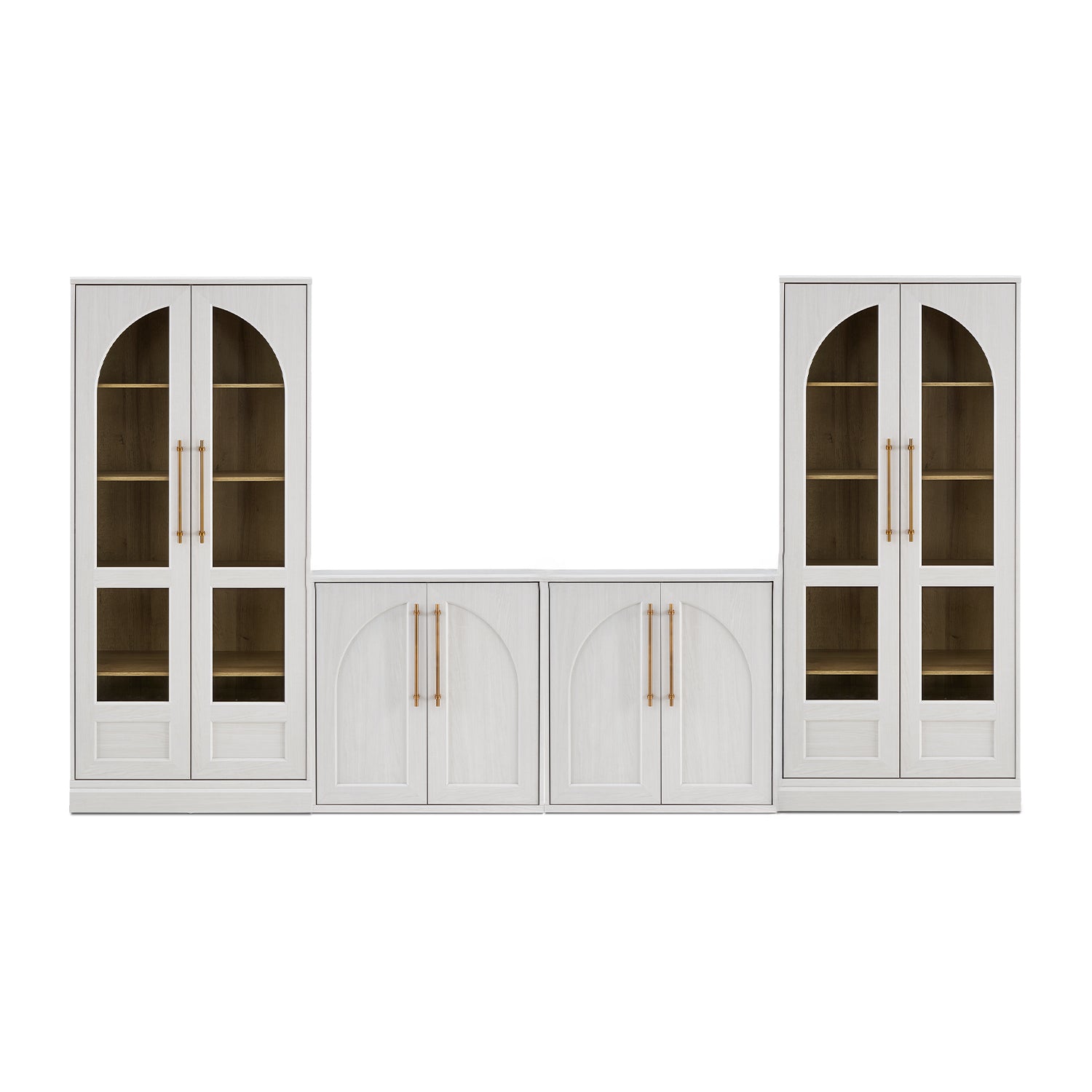 Blake 4 Piece Entertainment Center with Storage, TV Stand with Tall Arched Display Cabinets, White Oak