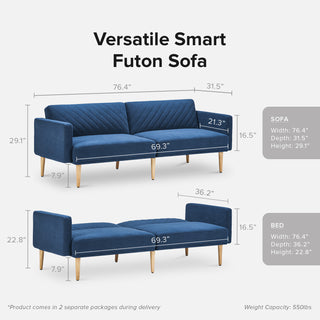 Chloe Futon Sofa Bed, Classic Blue Velvet