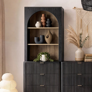 Brooklyn 4 Piece Cabinet TV Stand Entertainment Center in Black Oak, arched hutch close-up