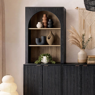 Brooklyn U Shape Cabinet Entertainment Center in Black Oak, arched hutch close-up