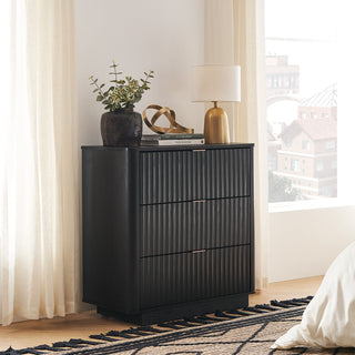 Brooklyn 3 Piece Bedroom Set, Black Oak, three-drawer dresser front view