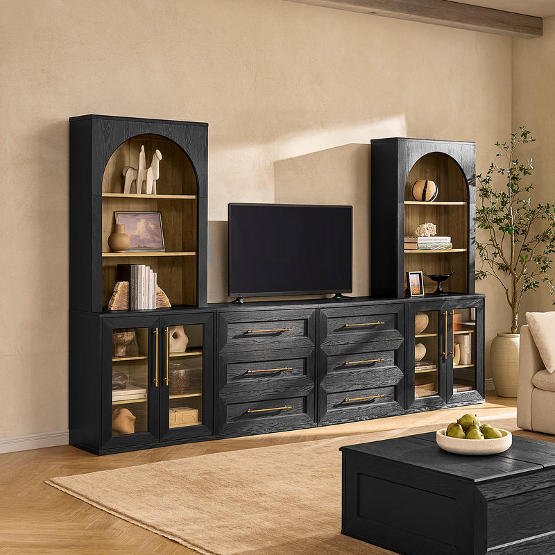 Blake 4 Piece Entertainment Center with Storage, Dresser TV Stand with Acrylic Cabinet Bookshelves