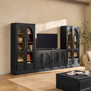 Blake Arched TV Cabinet with Tall Arched Display Cabinets, Black Oak - lifestyle