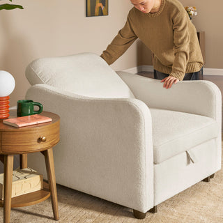 Sophie Sleeper Armchair reclining angle, Pearl White Bouclé
