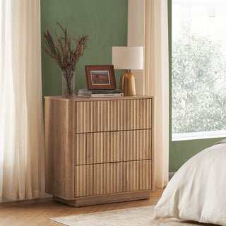 Brooklyn 5 Piece Bedroom Set, Golden Oak, three-drawer dresser front view