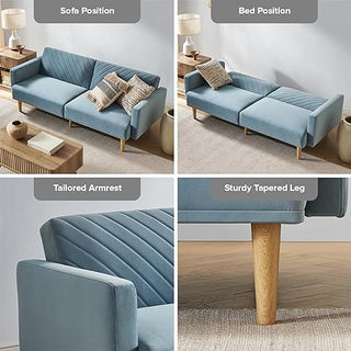 Chloe Futon Sofa Bed, Sky Blue Premium Velvet