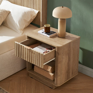 Brooklyn 5 Piece Bedroom Set, Golden Oak, nightstand with drawer and open niche