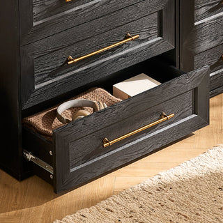Blake 157-inch U-Shape Entertainment Center Hutch Shelf Style 6, Black Oak - open drawer