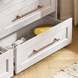Blake Dresser TV Stand with Acrylic Cabinet Bookshelves, White Oak - open drawer
