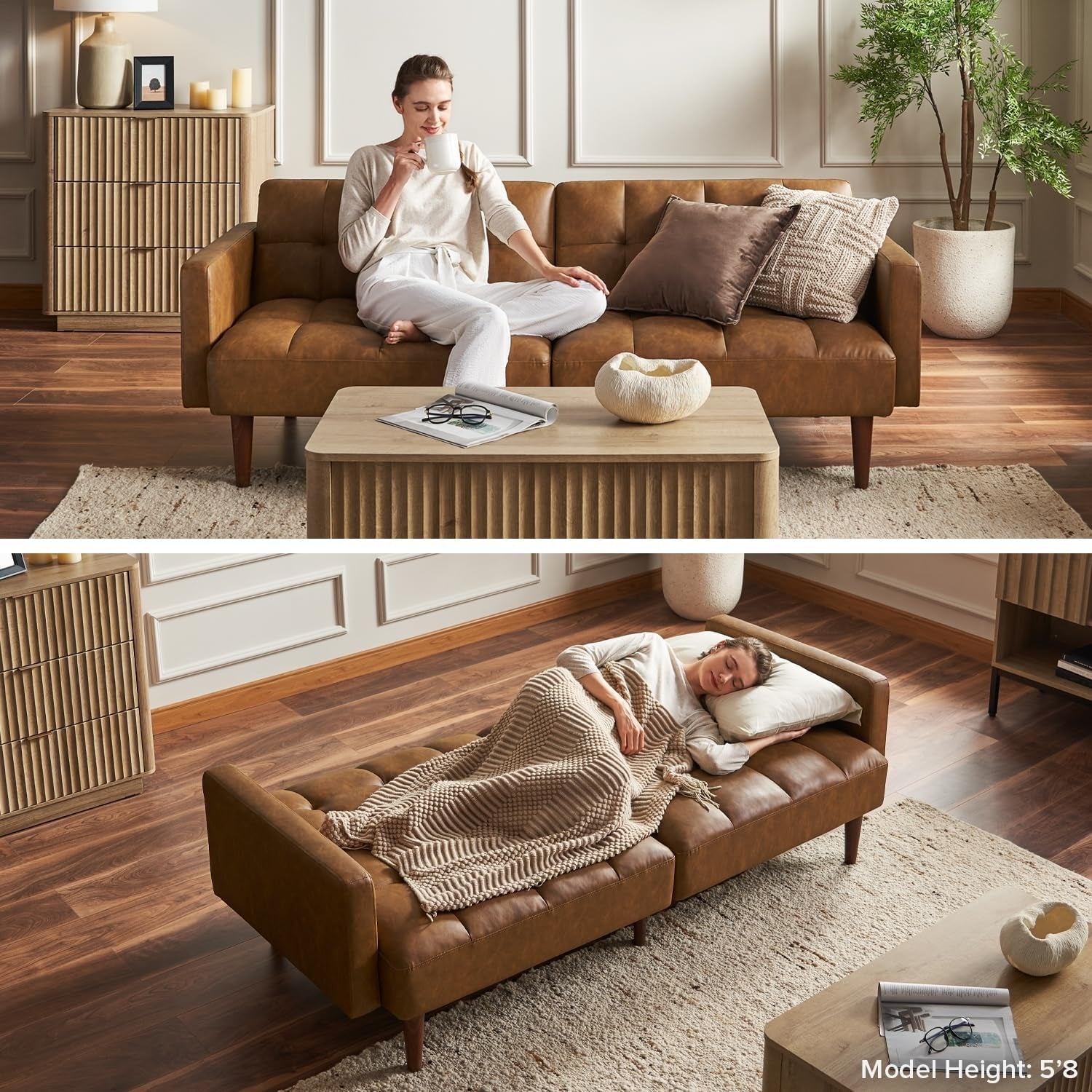 Aaron Futon Sofa Bed, Pecan Brown Faux Leather