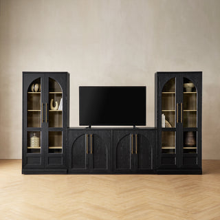 Blake 4 Piece Entertainment Center with Storage, TV Stand with Tall Arched Display Cabinets, Black Oak