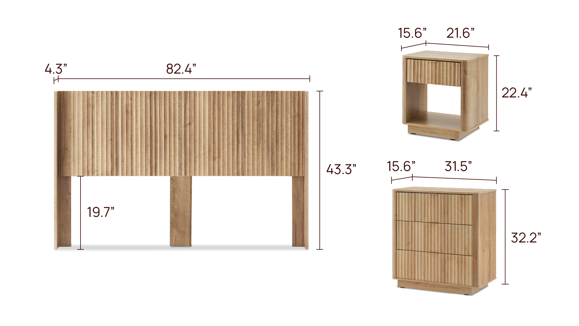 Brooklyn Bedroom Set - 3-Drawer Dresser (Pair) + King Headboard + Bed Side Table (Pair)