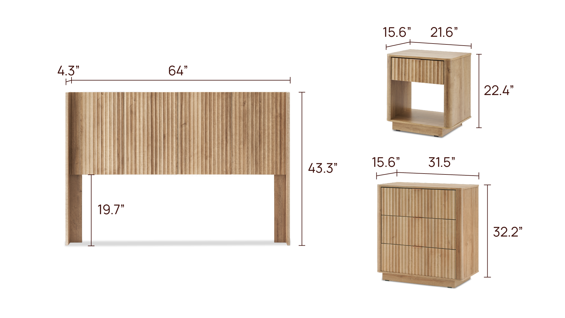Brooklyn Bedroom Set - 3-Drawer Dresser (Pair) + Queen Headboard + Bed Side Table (Pair)