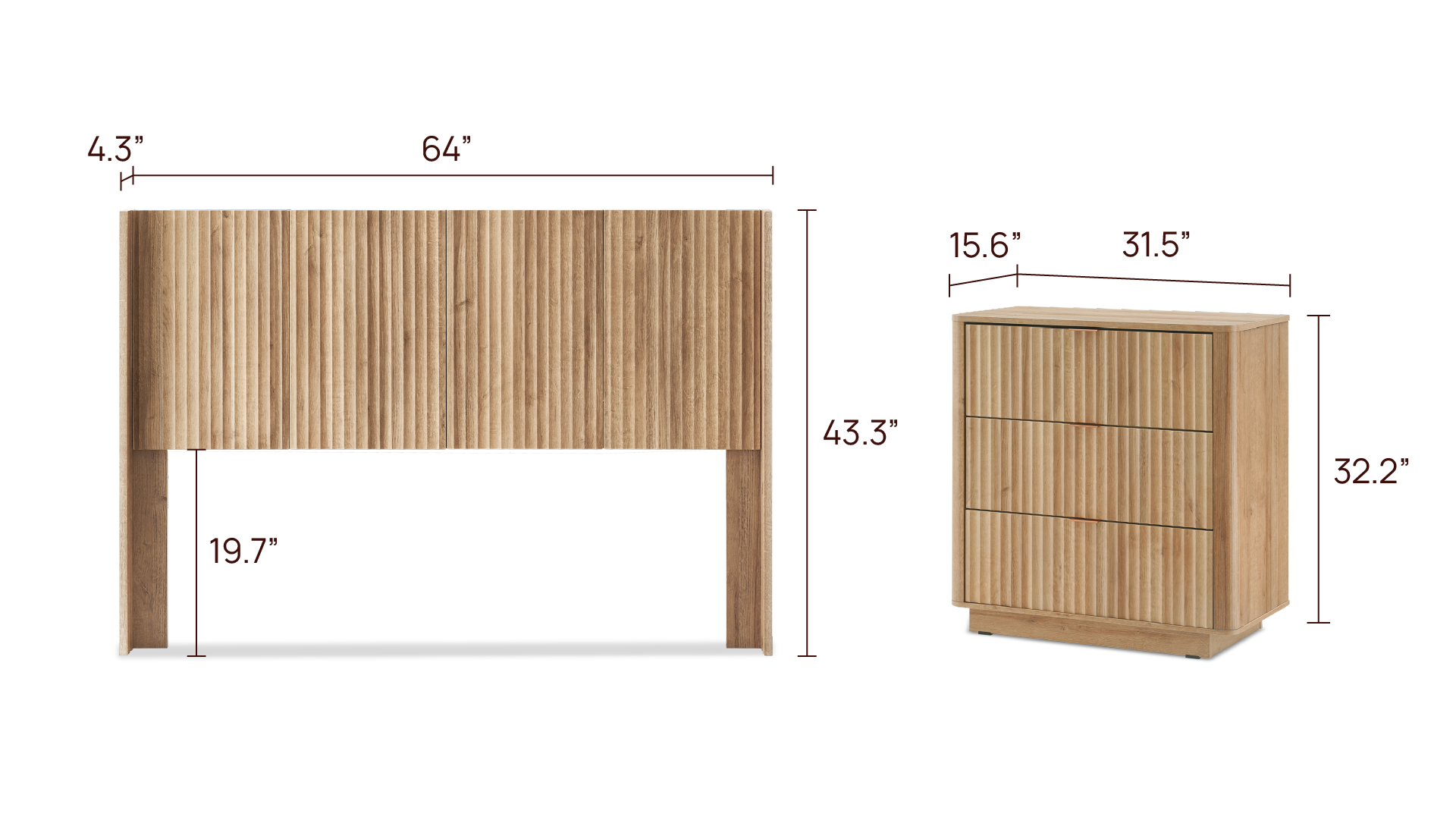 Brooklyn Bedroom Set - 3-Drawer Dresser (Pair) + Queen Headboard