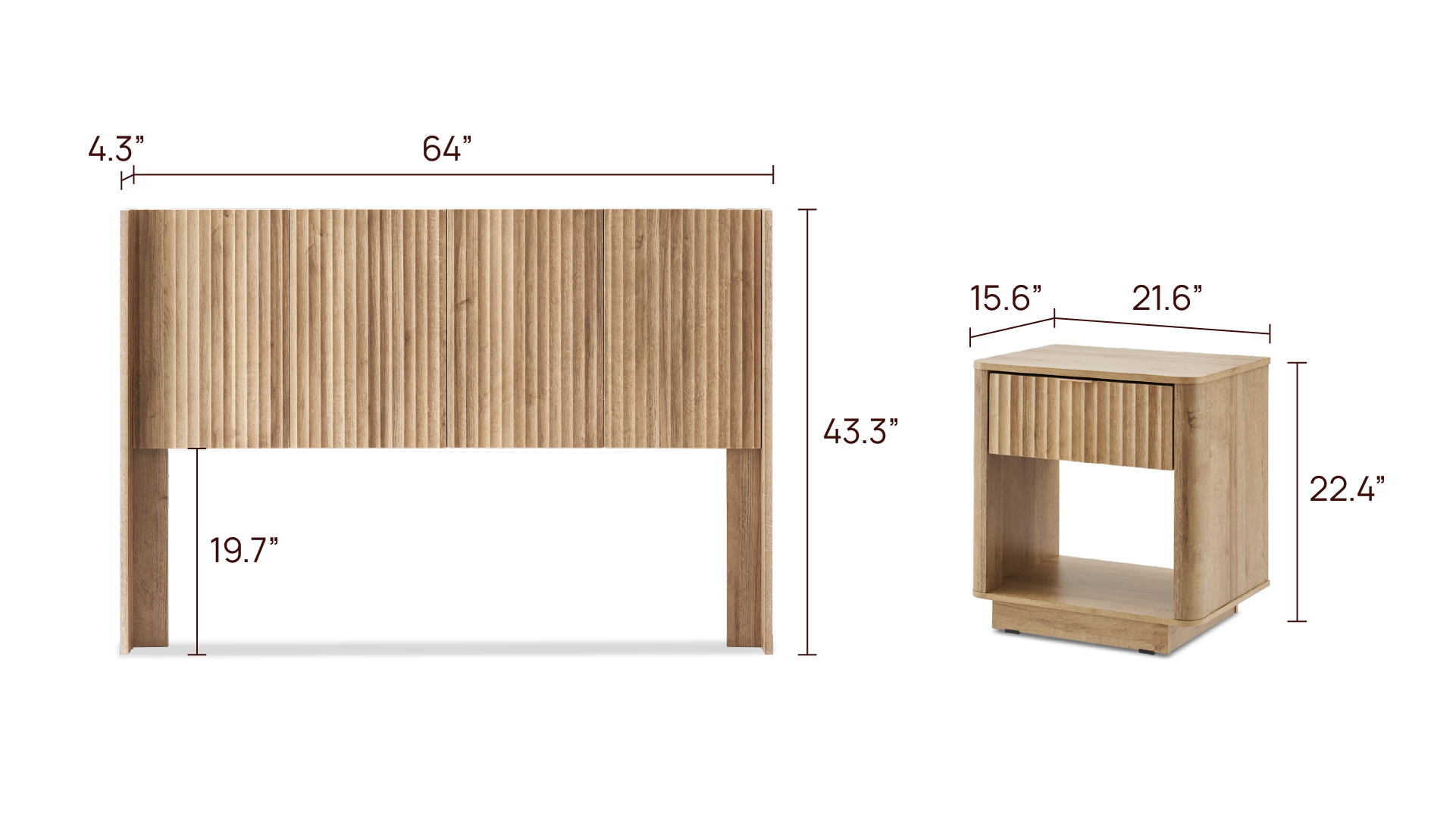 Brooklyn Bedroom Set - Headboard Queen + Bed Side Table (Pair)