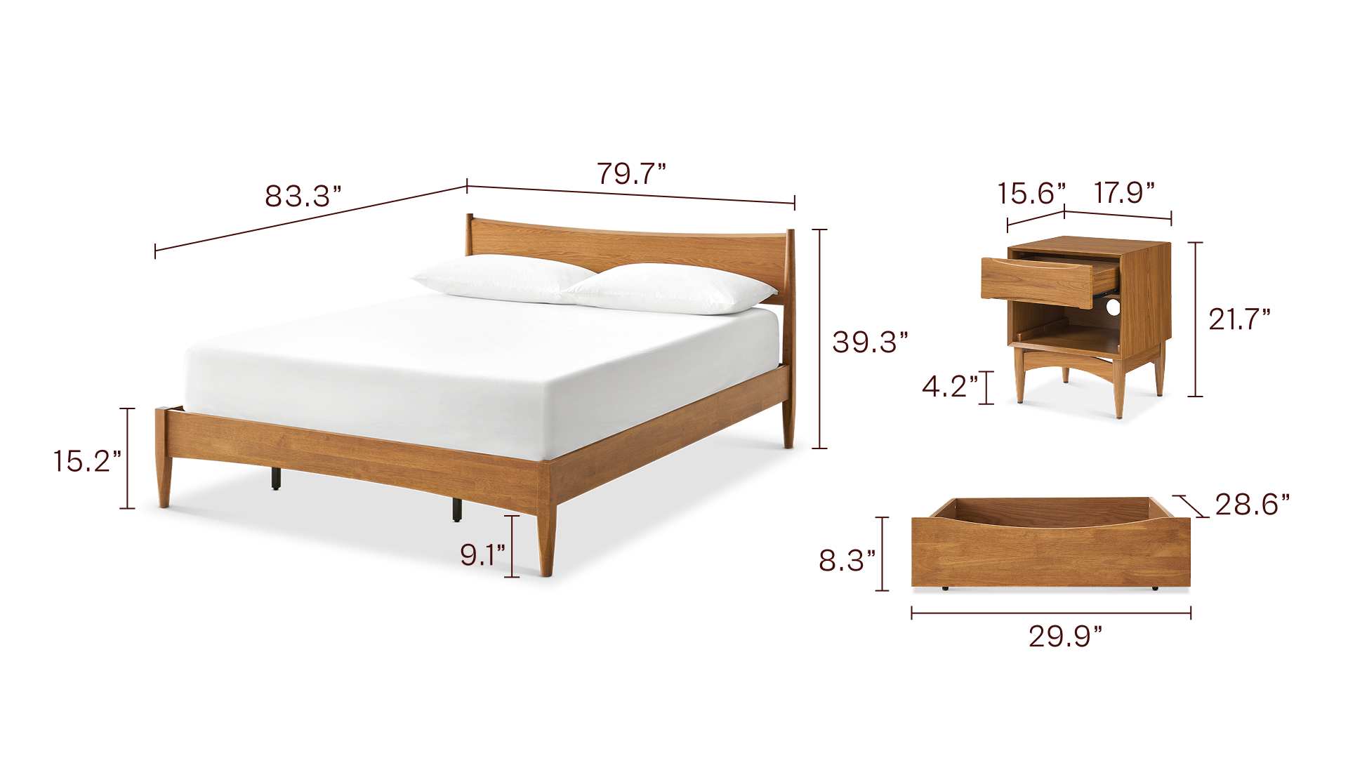 Retrovie Queen Bed + 2 Drawers + 18” Nightstand