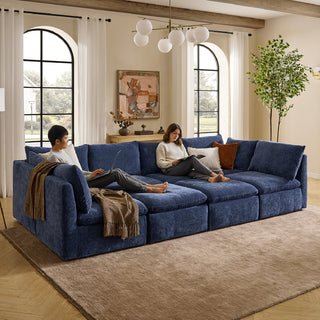 Macy Pit-Sectional Sofa with Fully Removable Covers, Large Storage (Navy Blue Chenille)