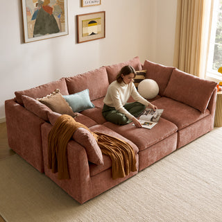 Macy Pit-Sectional Sofa with Fully Removable Covers, Large Storage (Rust Peach Red Chenille)