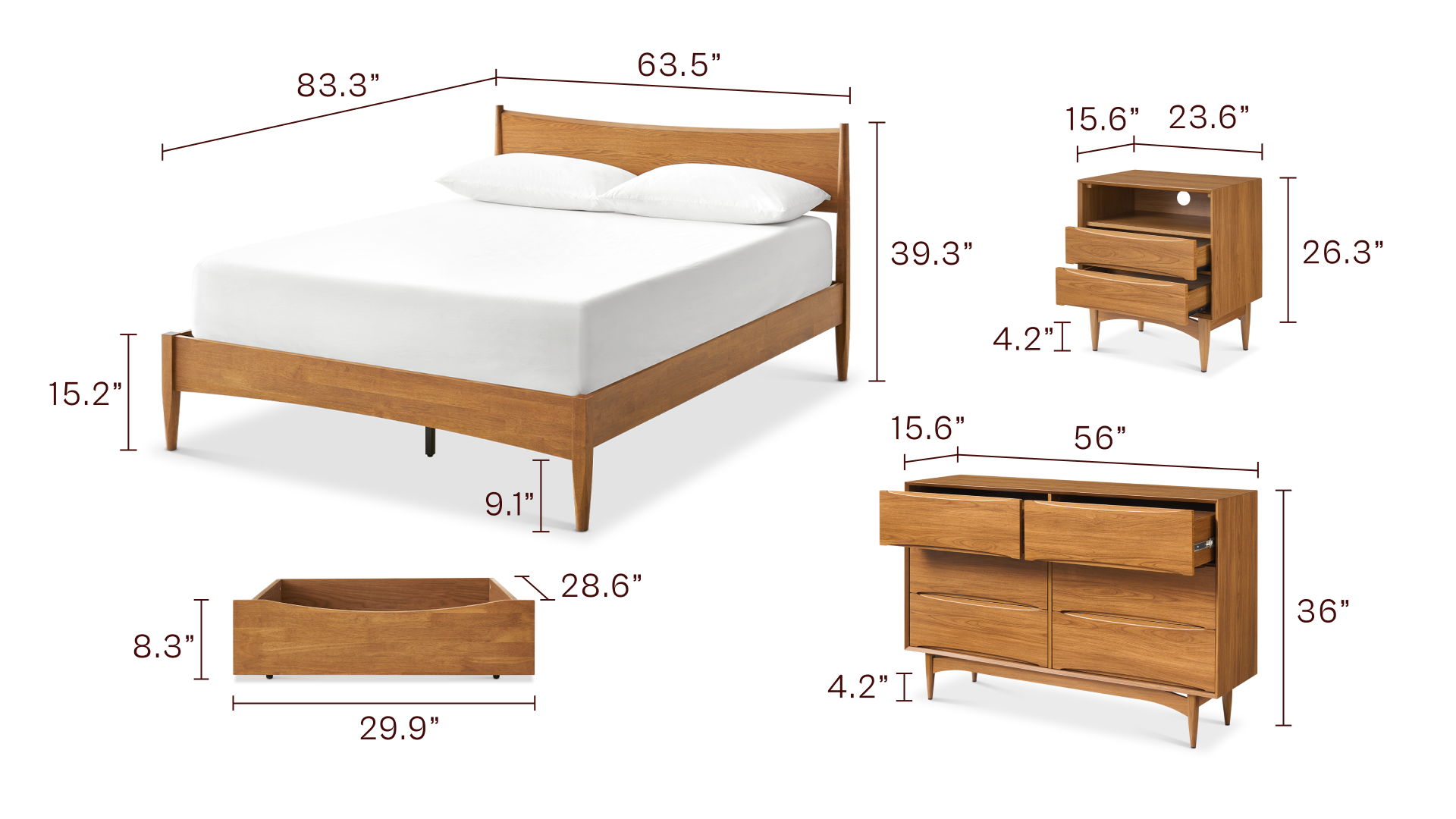 Retrovie Queen Bed + Drawers + 23” Nightstand + 6 Drawer Dresser