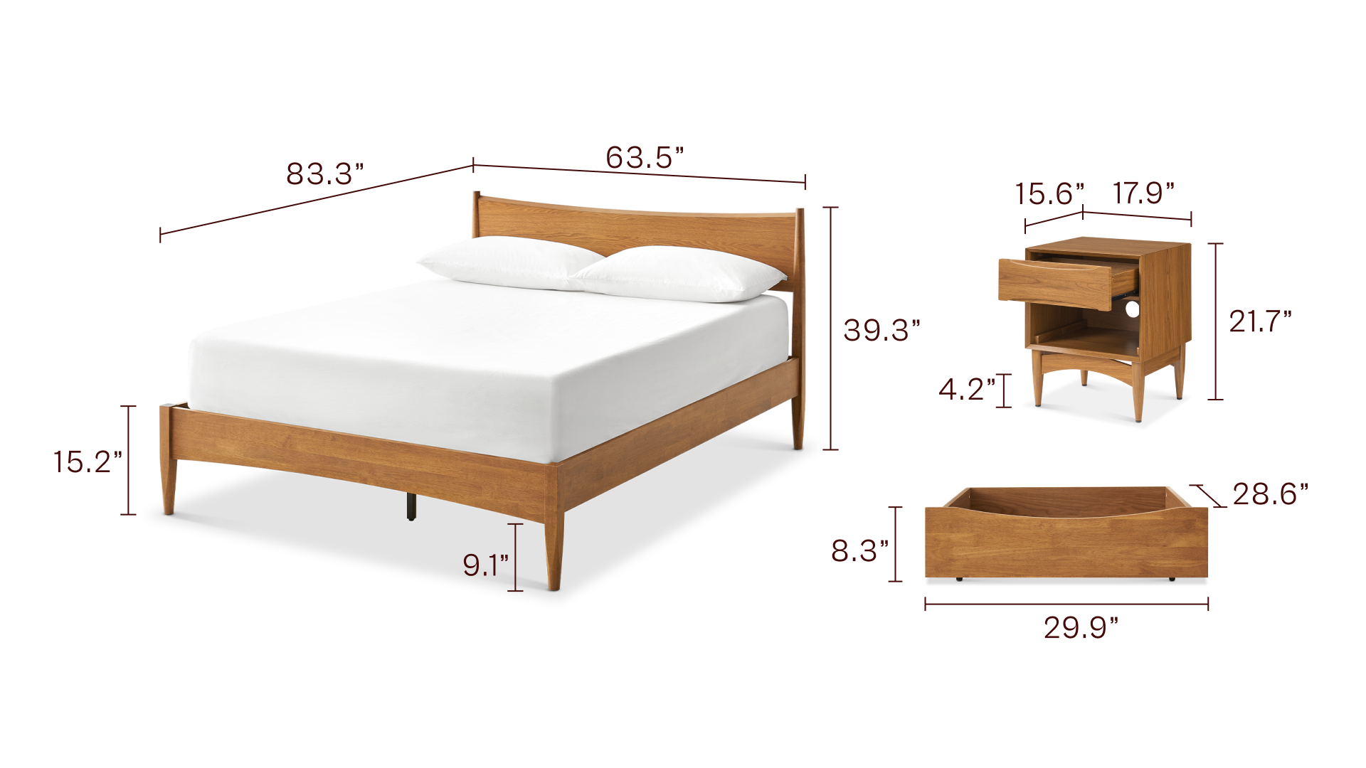 Retrovie Queen Bed + 2 Drawers + 18” Nightstand