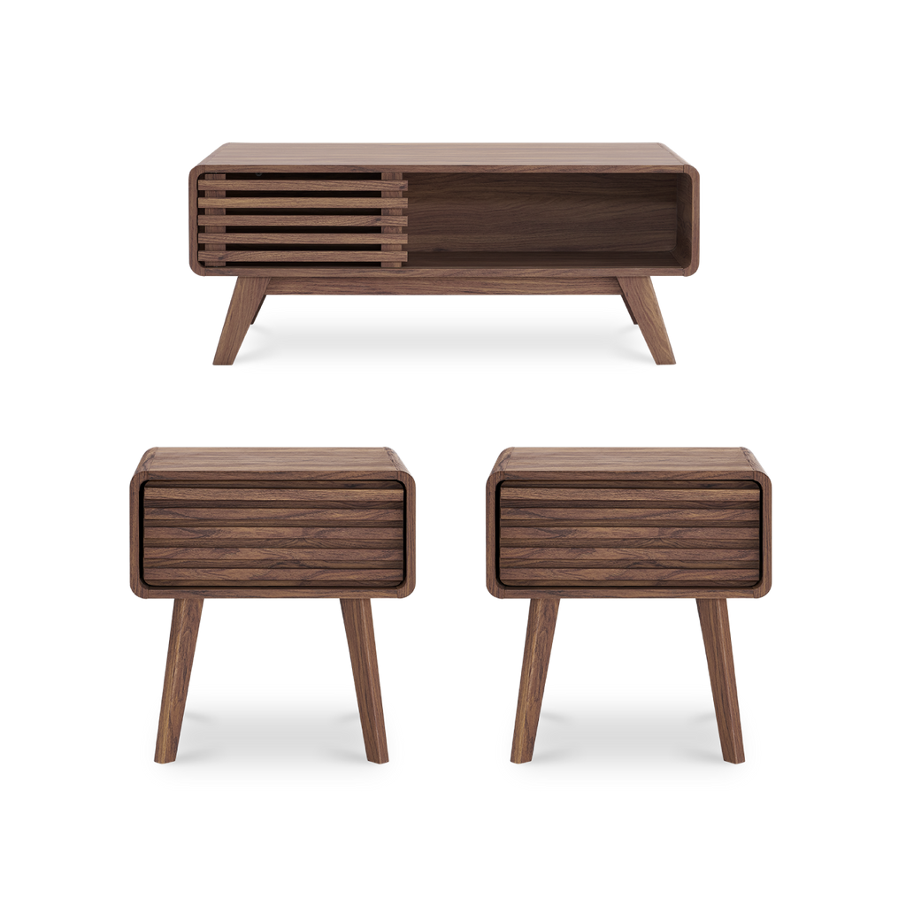 Ensley Twin Side Tables + Coffee Table, Walnut – Mopio