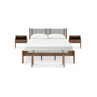 Ted Bed with Removable Upholstered Headboard Cushions (Queen), Bench & Nightstands with Charging Ports (Pair)