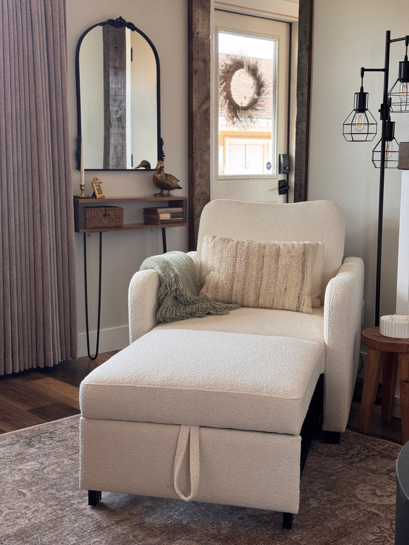 Sophie Sleeper Armchair in Pearl White Bouclé