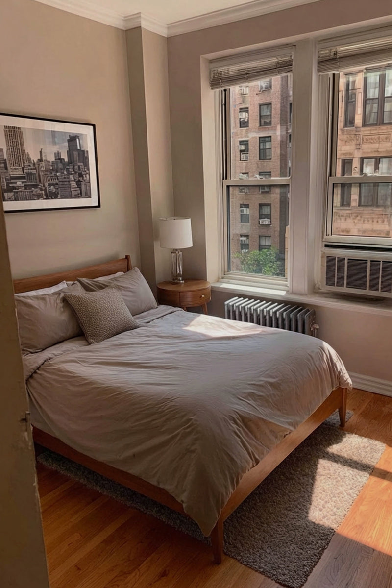 Queen Bed w/ Storage Round Nightstand