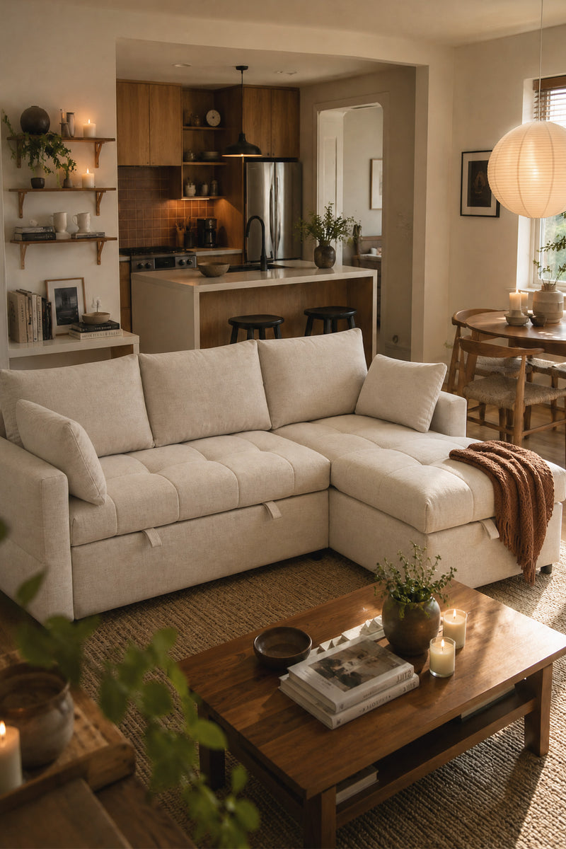 SleepStash L-Shaped Sofa, Cream Beige